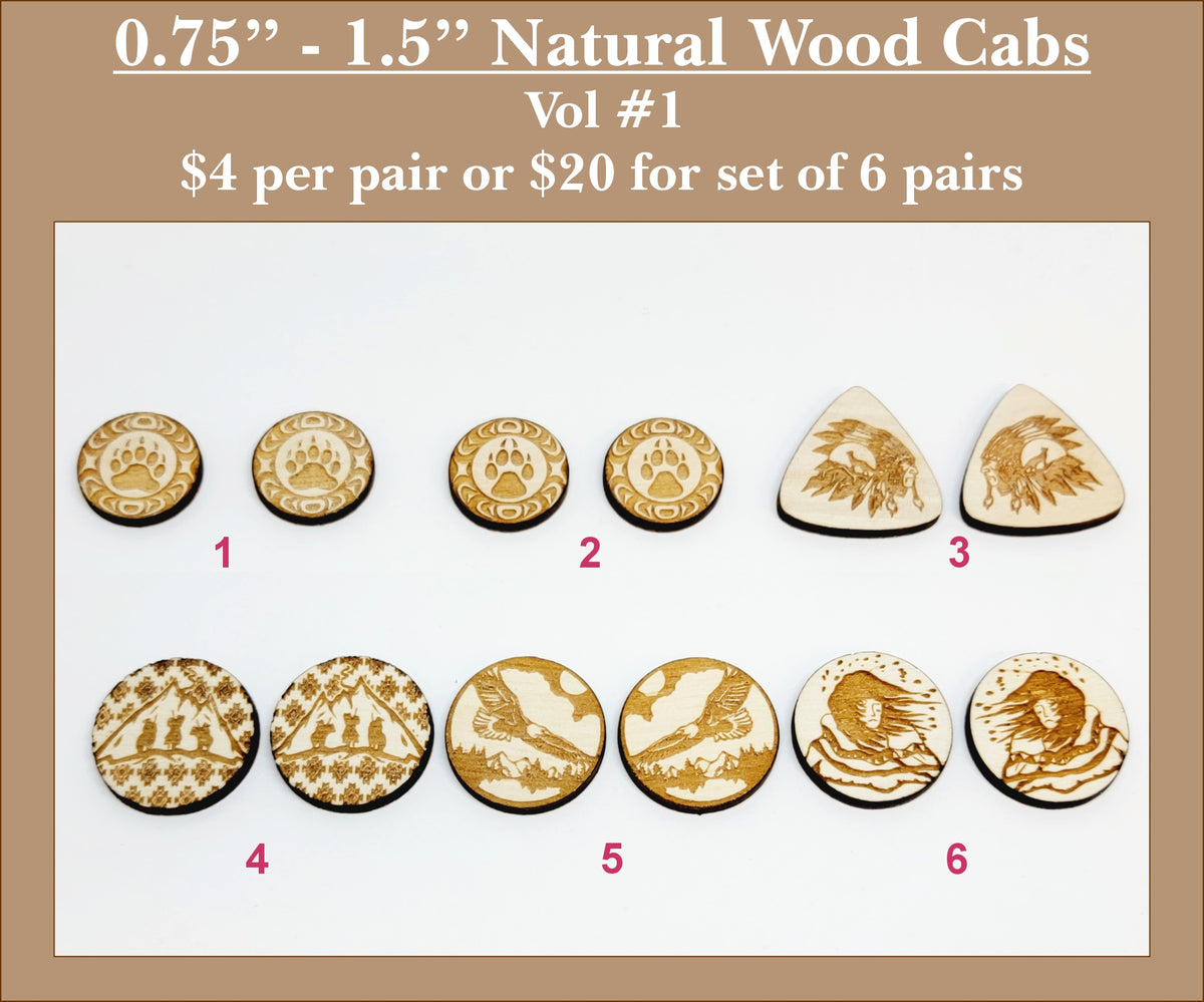 Six pairs of 0.75 to 1.5 inch natural wood cabochons (cabs) with engraved paw prints, eagles and wildlife scenes