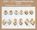 Six pairs of 0.75 to 1.5 inch natural wood cabochons (cabs) with engraved florals and Indigenous lettering