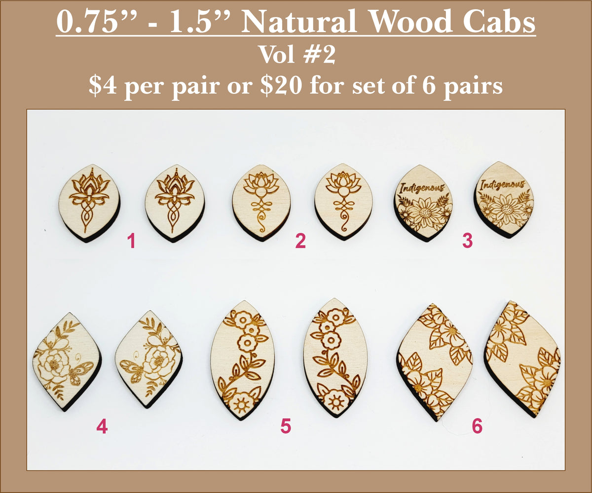 Six pairs of 0.75 to 1.5 inch natural wood cabochons (cabs) with engraved florals and Indigenous lettering