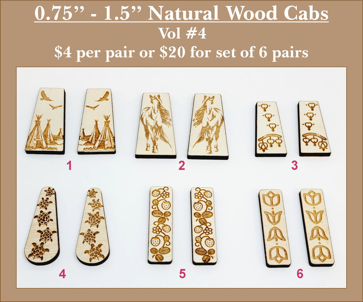 Six pairs of 0.75 to 1.5 inch natural wood cabochons (cabs) with engraved birds, florals and symbols in long tapered shapes