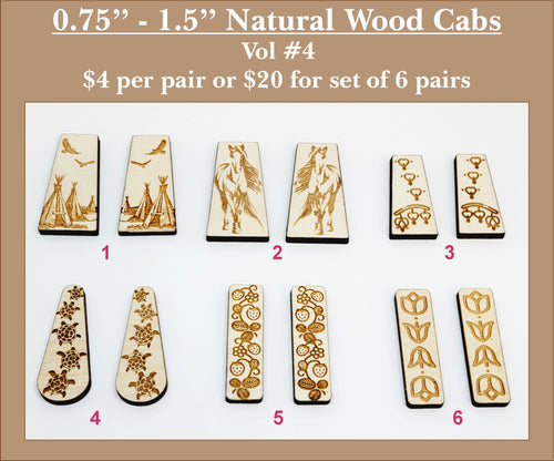Six pairs of 0.75 to 1.5 inch natural wood cabochons (cabs) with engraved birds, florals and symbols in long tapered shapes
