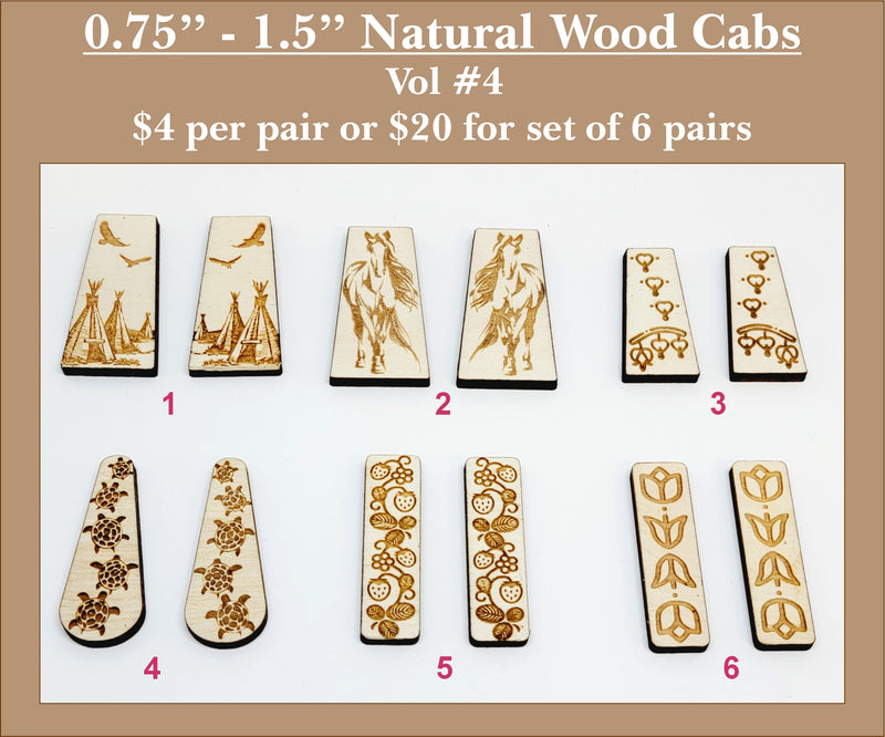 Six pairs of 0.75 to 1.5 inch natural wood cabochons (cabs) with engraved birds, florals and symbols in long tapered shapes