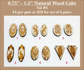 Six pairs of 0.75 to 1.5 inch natural wood cabochons (cabs) with engraved dream catchers, feathers and faces