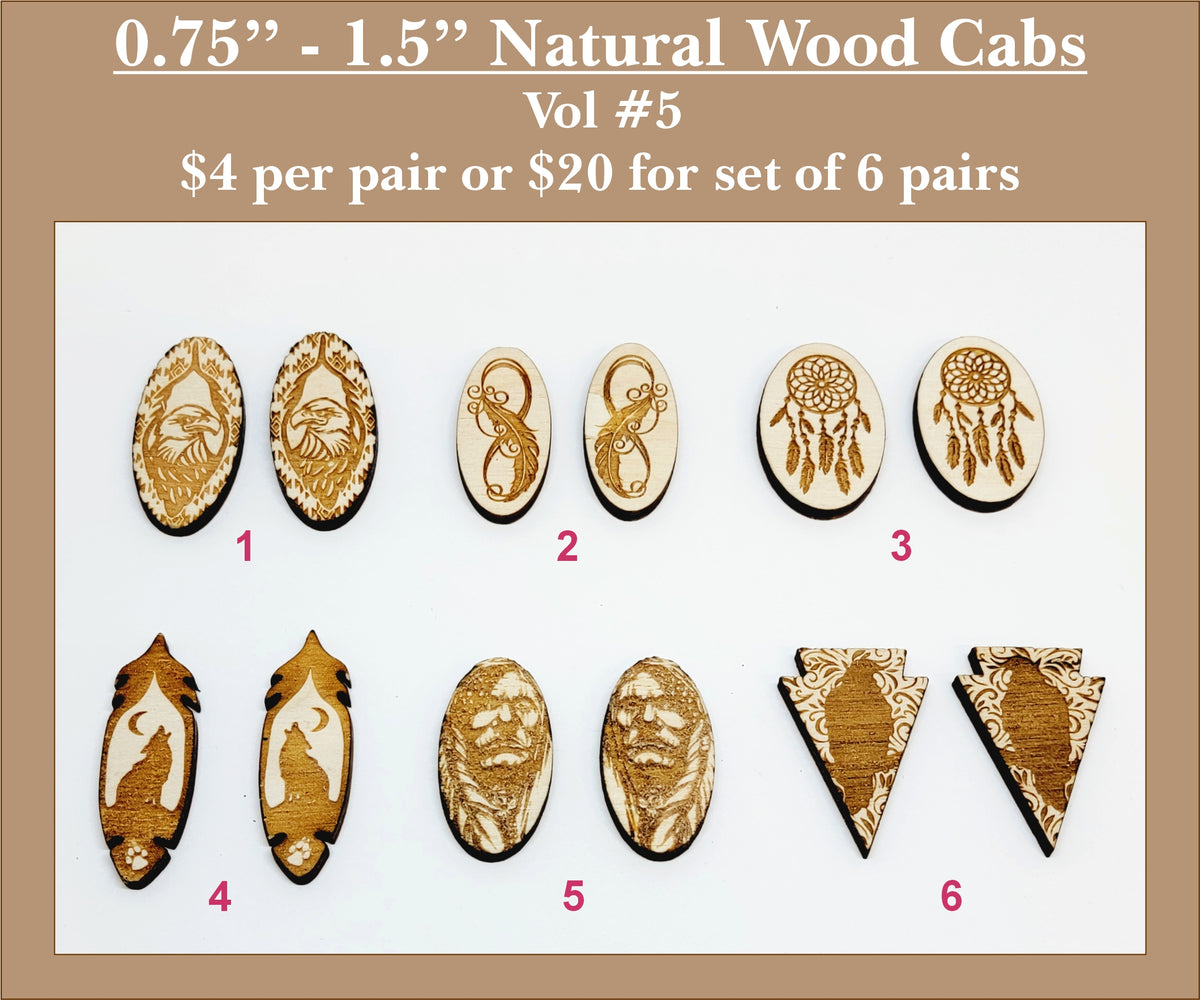 Six pairs of 0.75 to 1.5 inch natural wood cabochons (cabs) with engraved dream catchers, feathers and faces