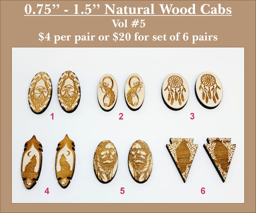 Six pairs of 0.75 to 1.5 inch natural wood cabochons (cabs) with engraved dream catchers, feathers and faces