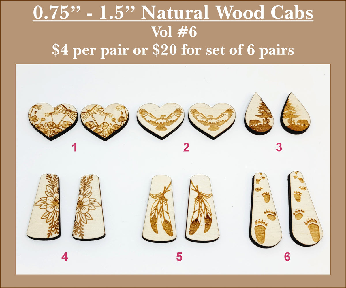 Six pairs of 0.75 to 1.5 inch natural wood cabochons (cabs) with engraved florals, birds, feathers and bear tracks