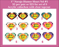 Six pairs of 1 inch heart cabochons (cabs) with humour lettering on bright sunburst backgrounds, designs 1 to 6