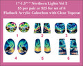 Six pairs of 1 to 1.5 inch UV-printed acrylic northern lights cabochons (cabs) with eagles, wolves and lakes