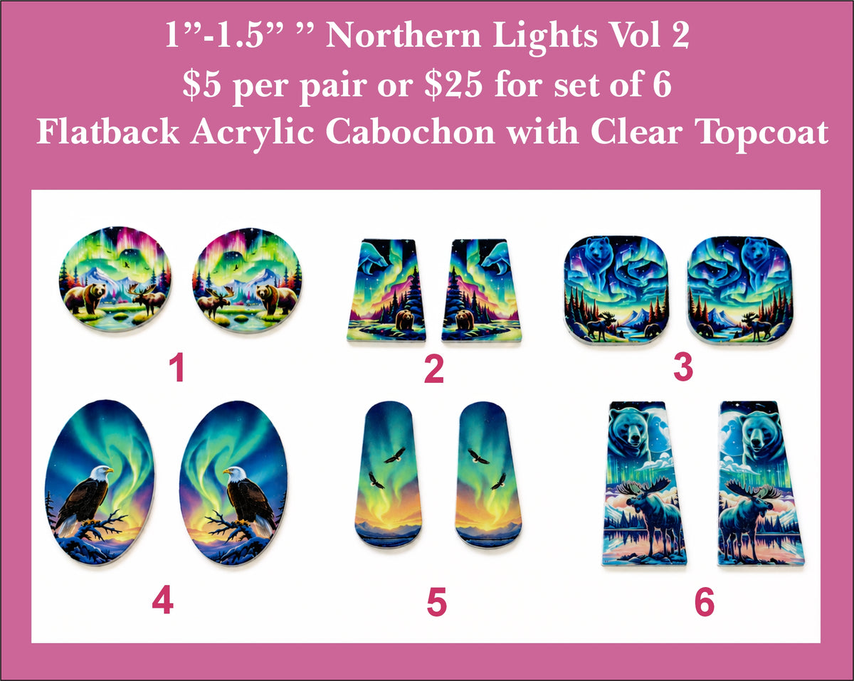 Six pairs of 1 to 1.5 inch UV-printed acrylic northern lights cabochons (cabs) with eagles, wolves and lakes