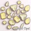 Sew-on crystal rhinestones in jonquil opal, in 10 shapes with silver claw settings