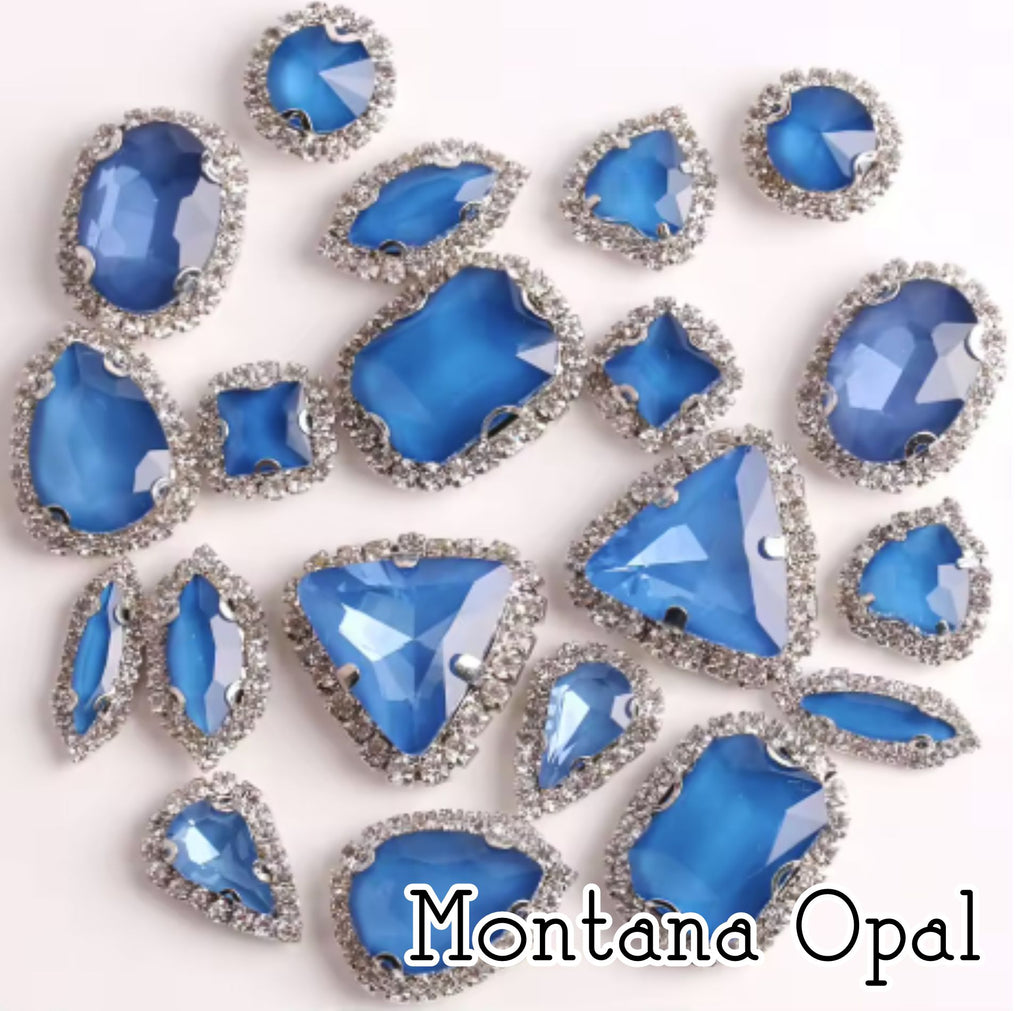 Sew-on crystal rhinestones in Montana opal, in 10 shapes with silver claw settings