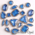 Sew-on crystal rhinestones in Montana opal, in 10 shapes with silver claw settings