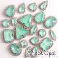 Sew-on crystal rhinestones in peridot opal, in 10 shapes with silver claw settings