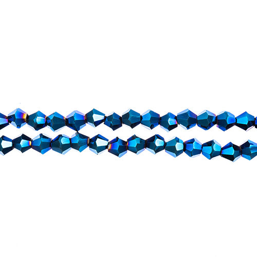 Two strands of Crystal Lane 4mm faceted glass bicone beads in opaque blue iris