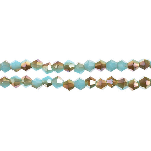 Two strands of Crystal Lane 4mm faceted glass bicone beads in opaque blue with a half champagne luster