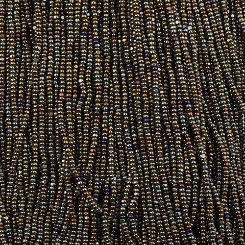 Close-up of strung Preciosa 13/0 true cut charlotte beads in opaque brown with an AB rainbow finish