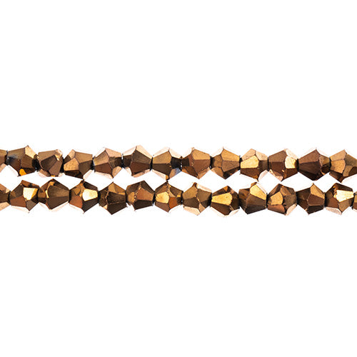 Two strands of Crystal Lane 4mm faceted glass bicone beads in opaque copper iris
