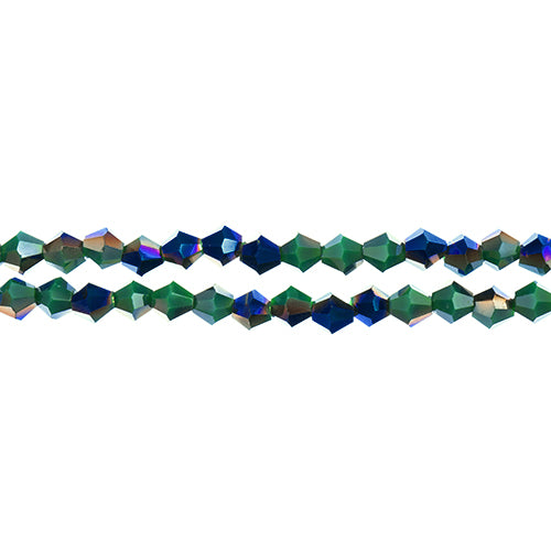 Two strands of Crystal Lane 4mm faceted glass bicone beads in opaque dark green with a half blue iris