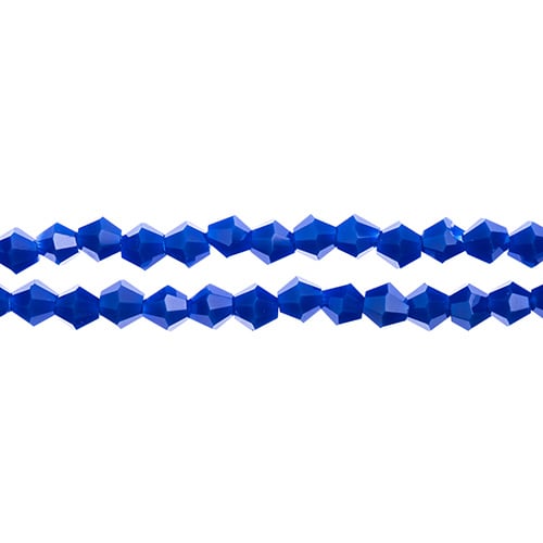 Two strands of Crystal Lane 4mm faceted glass bicone beads in opaque dark sapphire