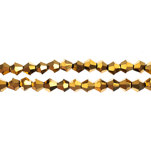 Two strands of Crystal Lane 4mm faceted glass bicone beads in opaque gold iris