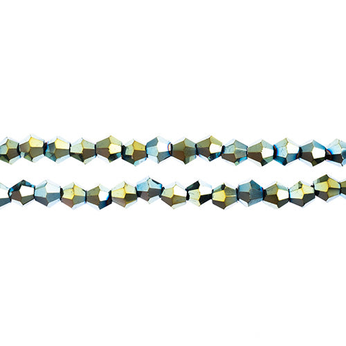 Two strands of Crystal Lane 4mm faceted glass bicone beads in opaque green iris