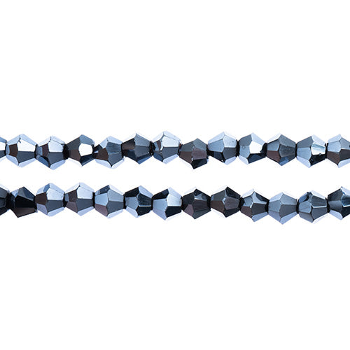Two strands of Crystal Lane 4mm faceted glass bicone beads in opaque gunmetal luster