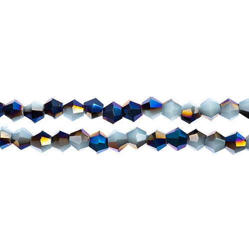Two strands of Crystal Lane 4mm faceted glass bicone beads in opaque light blue with a half blue iris