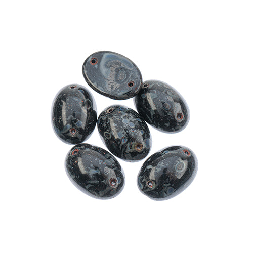 Five 13 x 18mm Czech glass oval cabs in opaque black marbled on dark green