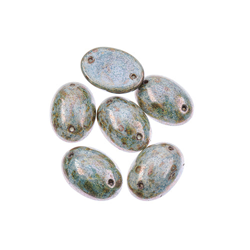 Five 13 x 18mm Czech glass oval cabochons in opaque brown marbled on green