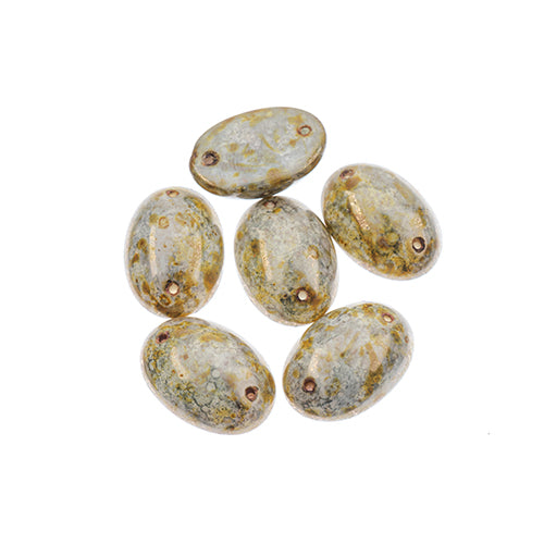 Five 13 x 18mm Czech glass oval cabs in opaque brown marbled on yellow