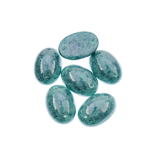 Five 13 x 18mm Czech glass oval cabs in opaque marbled teal on a white background