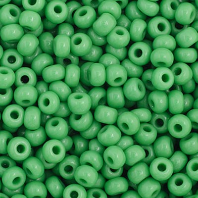 Close-up of Preciosa 11/0 Czech glass seed beads in opaque medium green