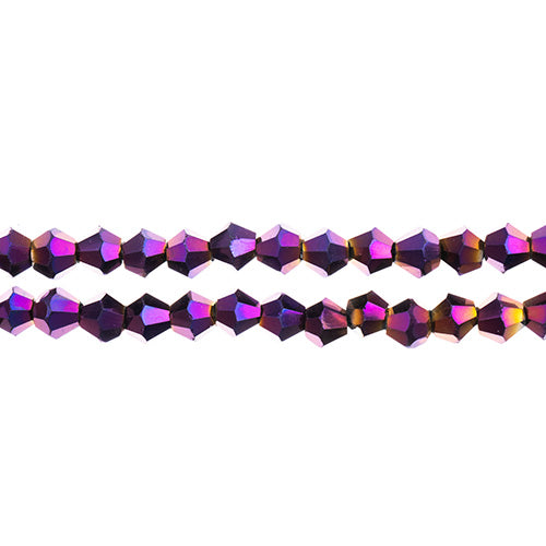 Two strands of Crystal Lane 4mm faceted glass bicone beads in opaque purple iris