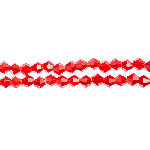 Two strands of Crystal Lane 4mm faceted glass bicone beads in opaque red