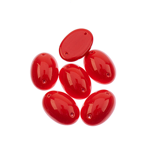 Five 13 x 18mm Czech glass oval cabs in opaque red on a white background