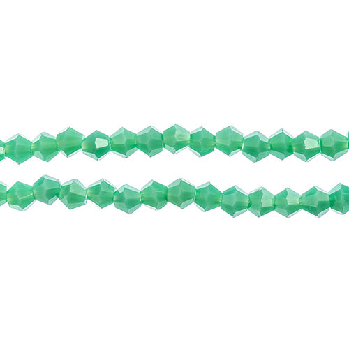 Two strands of Crystal Lane 4mm faceted glass bicone beads in opaque turquoise green