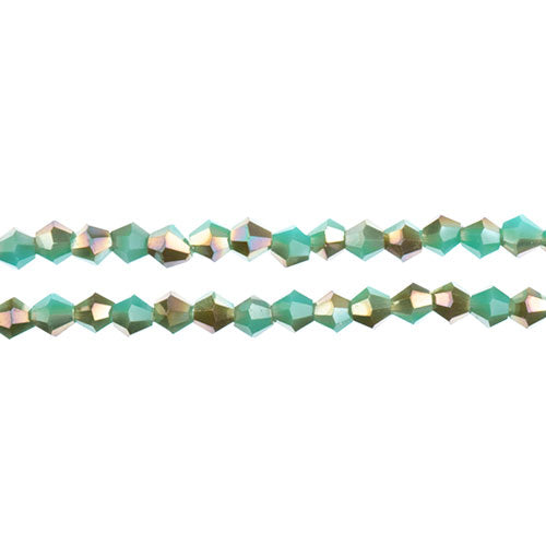 Two strands of Crystal Lane 4mm faceted glass bicone beads in opaque turquoise with a half champagne luster