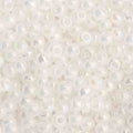 Close-up of Preciosa 11/0 Czech glass seed beads in opaque white with an AB rainbow finish