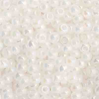 Close-up of Preciosa 11/0 Czech glass seed beads in opaque white with an AB rainbow finish