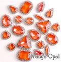 Sew-on crystal rhinestones in orange opal, in 10 shapes with silver claw settings
