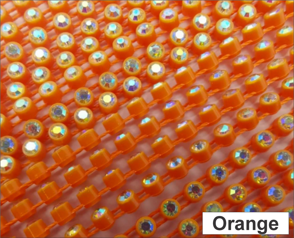 Close-up of rows of ss6 plastic cup rhinestone banding in orange with AB crystal stones