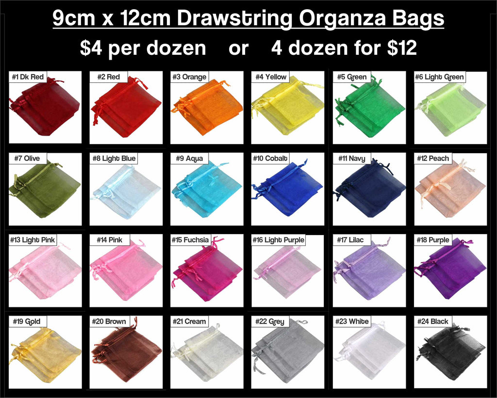 Chart of 9 x 12cm organza drawstring bags in 24 colours, sold by the dozen