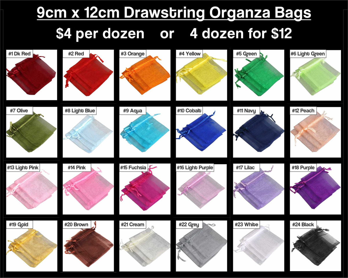Chart of 9 x 12cm organza drawstring bags in 24 colours, sold by the dozen