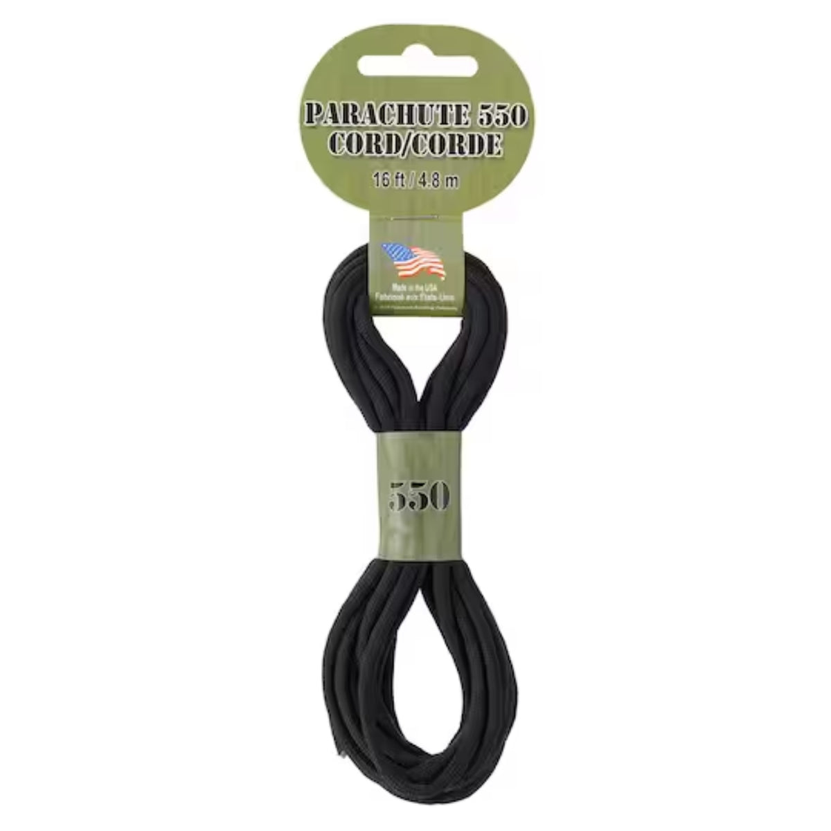 Bundle of black 4mm paracord with a hang tag on a white background