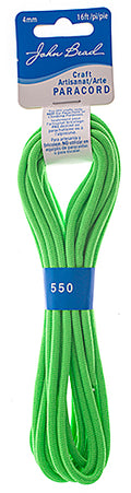 Bundle of neon green 4mm paracord with a hang tag on a white background