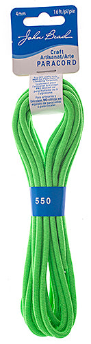 Bundle of neon green 4mm paracord with a hang tag on a white background
