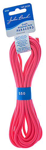 Neon pink paracord bundle with a blue card label on a white background