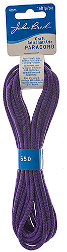 Bundle of purple 4mm paracord with a hang tag on a white background