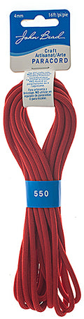 Bundle of red 4mm paracord with a hang tag on a white background