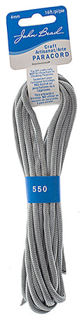Bundle of silver 4mm paracord with a hang tag on a white background
